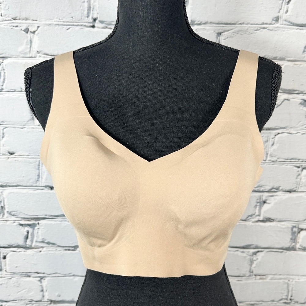 Honey Love Wireless Soft Form Bra Large Tan V Neck Smoothing Wide Strap Comfort - Picture 2 of 10